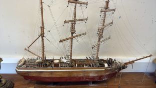 Wooden Model Three-Masted Sailing Ship