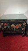Hand-painted Asian-style black side cabinet with glass top