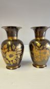 Pair of engraved gilt-floral brass vases