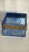 Blue glass square bowl with pierced metal collar -PENTTI SARPANEVA FOR KUMELA (signed to base)