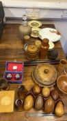 Group of wooden items, Baoding balls and ceramics