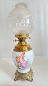 Brass & ceramic oil lamp hand painted