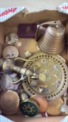 Box of assorted brassware, compacts and decorative items