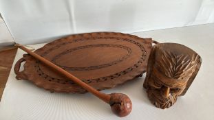 Group of carved hardwood tray, Green Man carving and knobbed stick