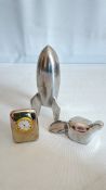 Group of Metal Desktop Accessories, Including Rocket and Bird Paperweights with Quartz Clock