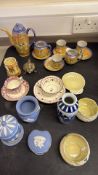Assorted ceramics including Wedgwood jasperware, Belleek and lusterware coffee set