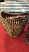 Zebra hide and rope drum side table with glass top