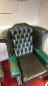 Leather button-back wing armchair, arms A/F