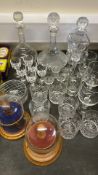 Collection of Cut Crystal Glassware and Two Glass-Domed Wooden Display Stands