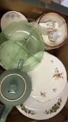 Boxed lot of Denby teapot, depression glass dish and assorted floral tableware