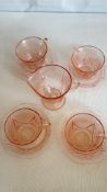 Pink Depression glass 'Princess' pattern tea set, 11 pieces