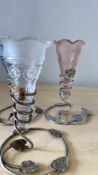 Set of three frosted glass trumpet posy vases with vine stands