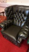 Green leather Chesterfield wingback armchair