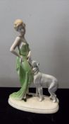 Art Deco German Schaubach Kunst porcelain figurine, lady with Borzoi