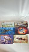 Group of 6 boxed plastic model aircraft kits comprising Hobby Boss MiG-15bis, Trumpeter 1:144