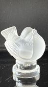 Lalique frosted and clear crystal sparrow figurine with puffed chest, on circular pedestal, etched