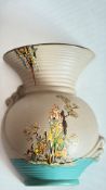 Art Deco earthenware wall pocket with flared ribbed rim, taupe ground hand-enamelled with stylised