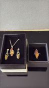 Silver & amber, chain, pendant, earrings & ring se
