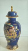 Carlton Ware Art Deco cobalt Chinoiserie lidded temple jar, A/F