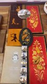 Group of marquetry wooden plaques and Dutch ceramic tiles