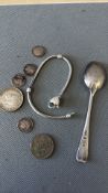 Silver coin, bracelet & spoon (scrap silver)