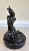 Bronze woman in dress with phone on marble base si