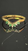 9ct Gold wishbone ring set with white & green ston