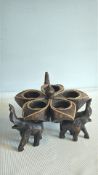Carved hardwood five-cup candle stand, petal-shape