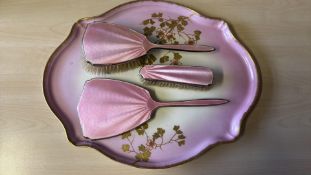 Silver & enamel brush set with ceramic tray with f