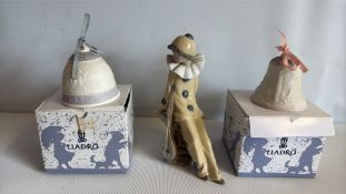 Set of 3 Lladro porcelain bells and NAO Pierrot figurine