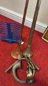 Group of brass, copper and horn hunting and bugle horns