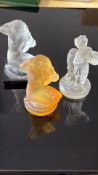 2x Lalique and x1 Lalique style frosted glass figures