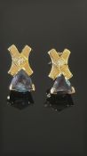 Pair of 9ct gold earring set with green stone & di
