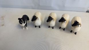 Beswick border collie and four sheep ceramic figurines