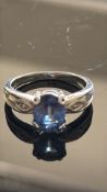 9ct White Gold ring set with blue sapphire & diamo