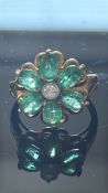 9ct Gold ring set with emerald & diamond floral cl