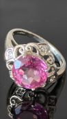 9ct Gold ring set with pink gem stones & diamonds