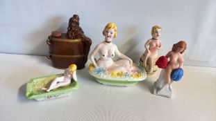 Group of six ceramic novelty nude lady figurines,