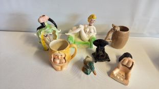 Eight novelty ceramic and metal erotic barware and