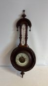 Victorian carved walnut aneroid barometer and thermometer