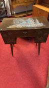 Carved Mid-Century hardwood sewing table