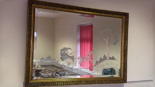 Reverse-etched giltwood framed wall mirror