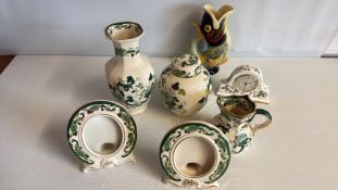 Assorted Masonâ€™s Ironstone, Wedgwood clock and fish jug