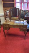 Burr walnut Queen Anne style dressing table with tri-fold mirror, c.1950s