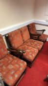 Set of 3 carved hardwood lounge chairs with patterned cushions