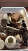 Box of assorted decorative ceramics, glassware and curios