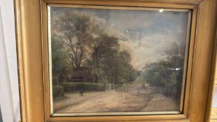 Oil landscape with cottage and figure