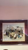 Framed limited-edition colour print of an Edwardian street scene with early motorcar, women and