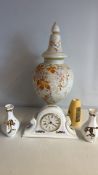 Royal Tara bone china mantel clock, vases and lidded jar, group of five