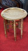 Middle Eastern brass tray table on inlaid hardwood stand